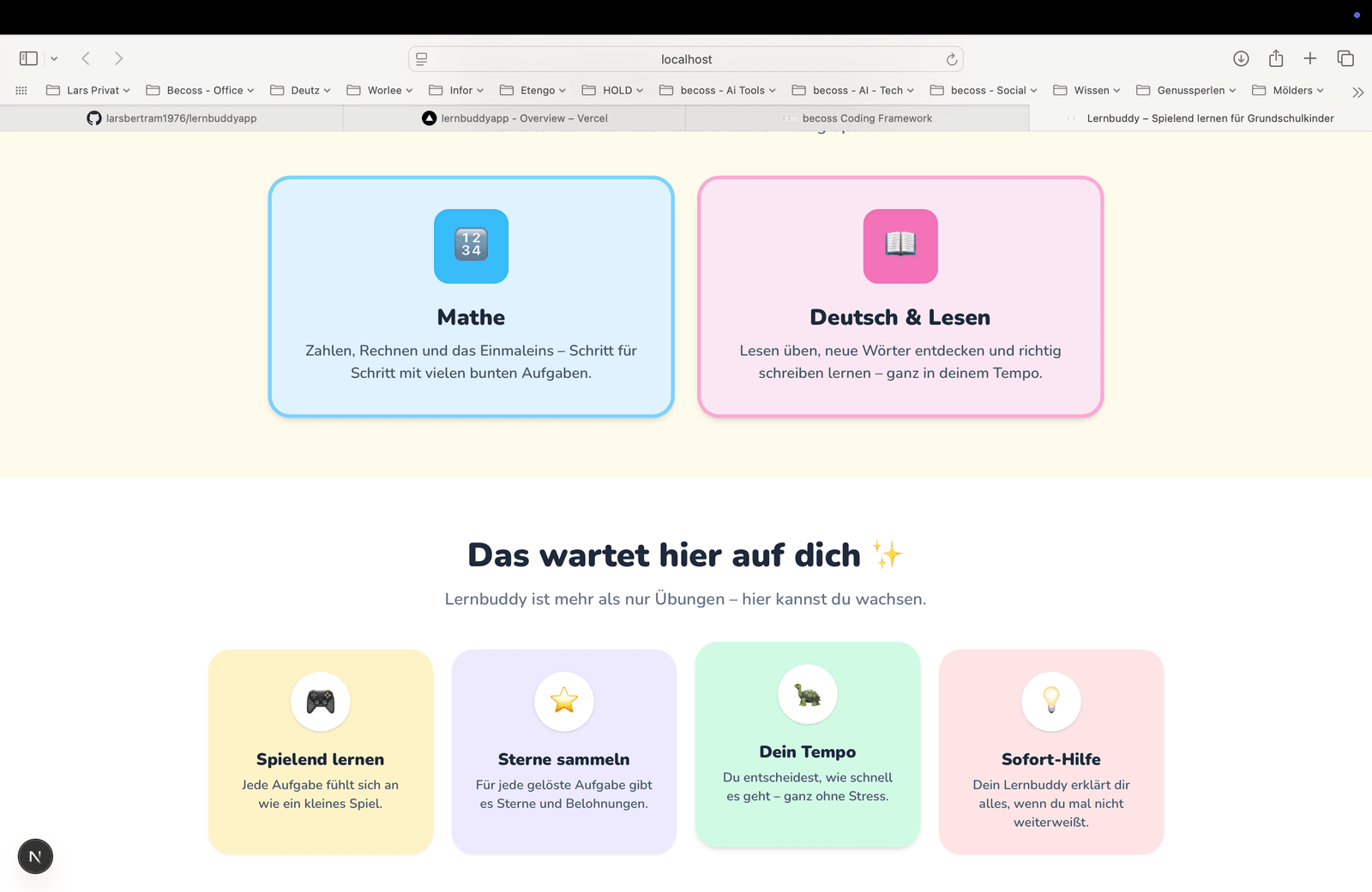 Lernbuddy-Auswahl: zwei große Karten für Mathe und für Deutsch & Lesen, darunter ein Vorschau-Block, was das Kind hier alles üben kann