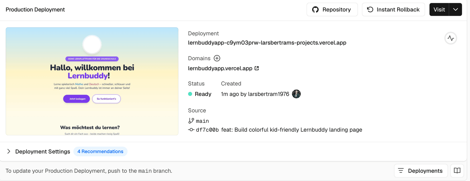 Vercel Production-Deployment-Übersicht für den Lernbuddy, Commit df7c00b, Status erfolgreich