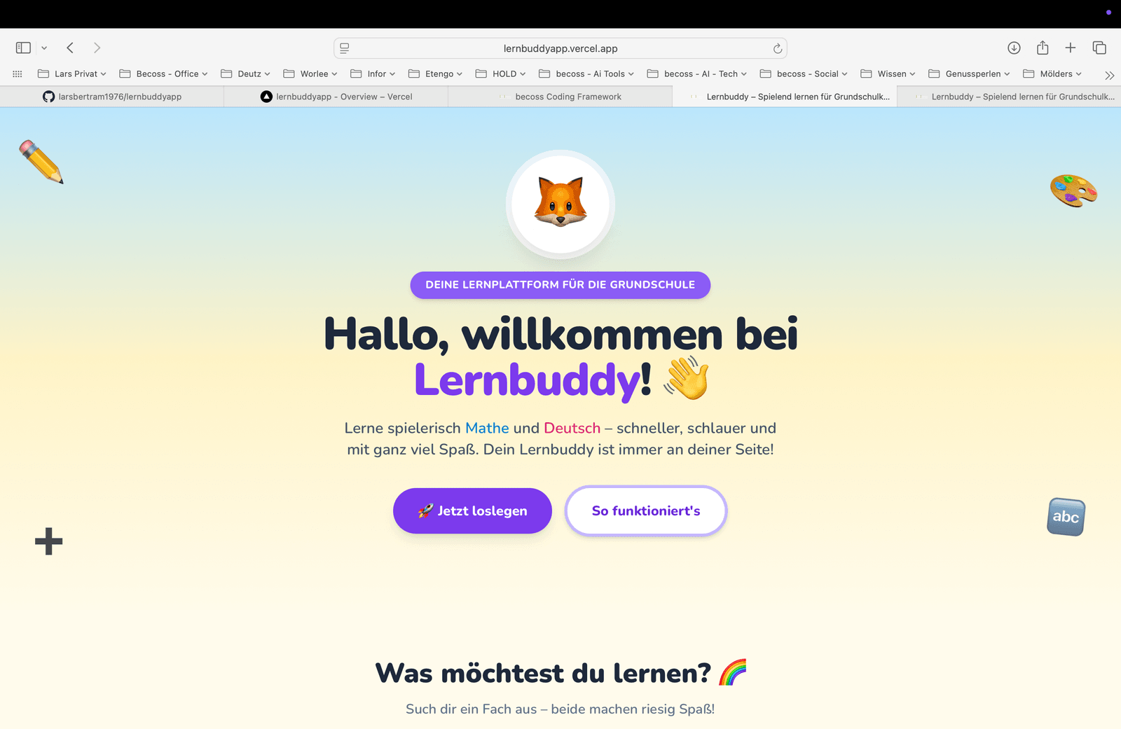 lernbuddyapp.vercel.app im Browser live: Hero mit Begrüßung Hallo willkommen bei Lernbuddy