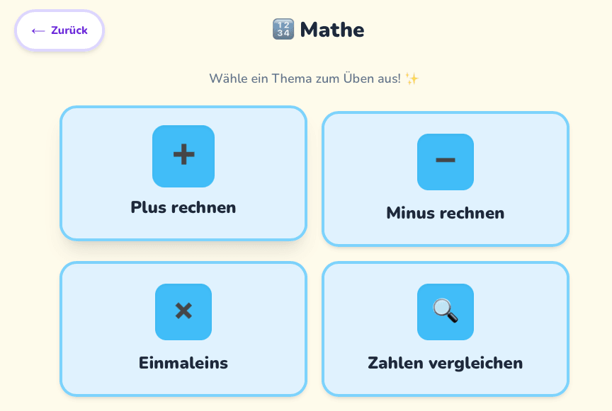 Mathe-Themenseite mit vier Lernkarten: Plus rechnen, Minus rechnen, Einmaleins, Zahlen vergleichen