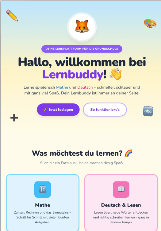 Mobile-Ansicht des Lernbuddys auf einem 390 Pixel breiten Bildschirm: Hero, darunter die Frage nach dem gewünschten Lernbereich